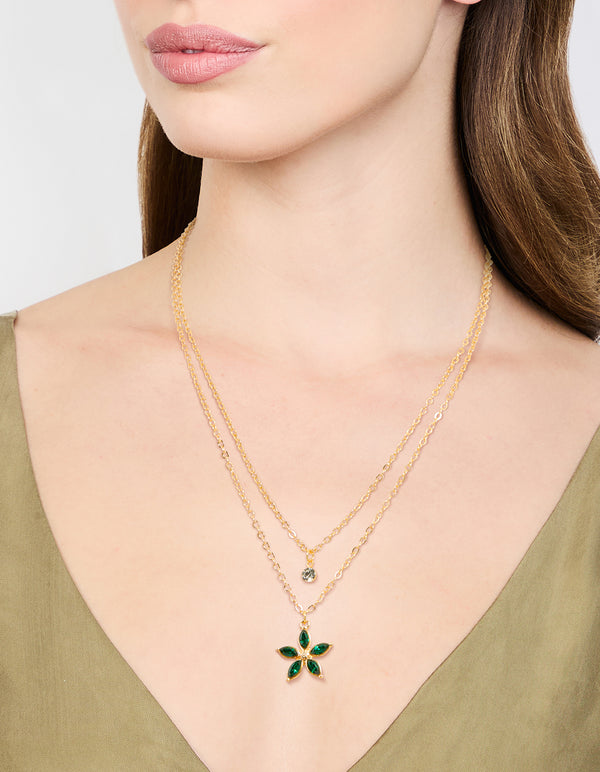 Gold Chain Diamante Flower Layered Necklace