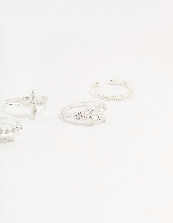 Silver Plated Cubic Zirconia Mixed Leaf Ring 5-Pack