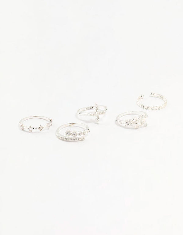 Silver Plated Cubic Zirconia Mixed Leaf Ring 5-Pack