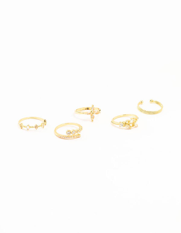 Gold Plated Cubic Zirconia Leafy Mixed Ring 5-Pack