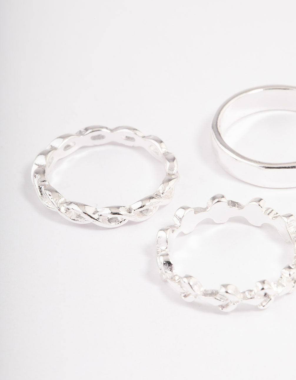 Featuring silver plain and twisted rings 3-pack close up view