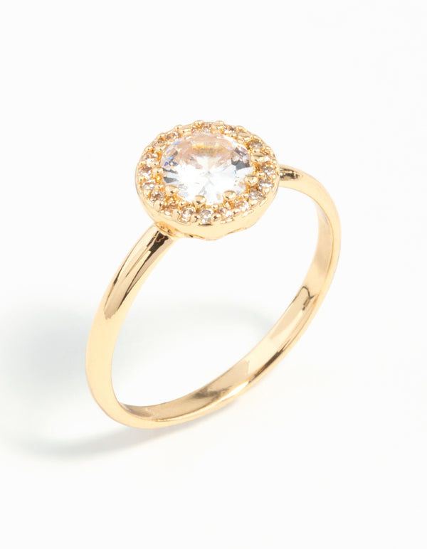Elegant gold cubic zirconia circle stone surround ring with halo setting side detail view