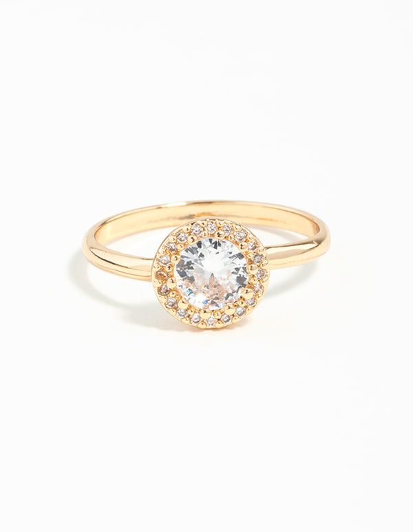 Stunning gold cubic zirconia circle stone surround ring with halo setting close up view