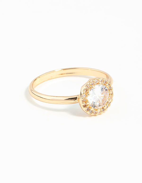 Elegant gold cubic zirconia circle stone surround ring with halo setting side detail view