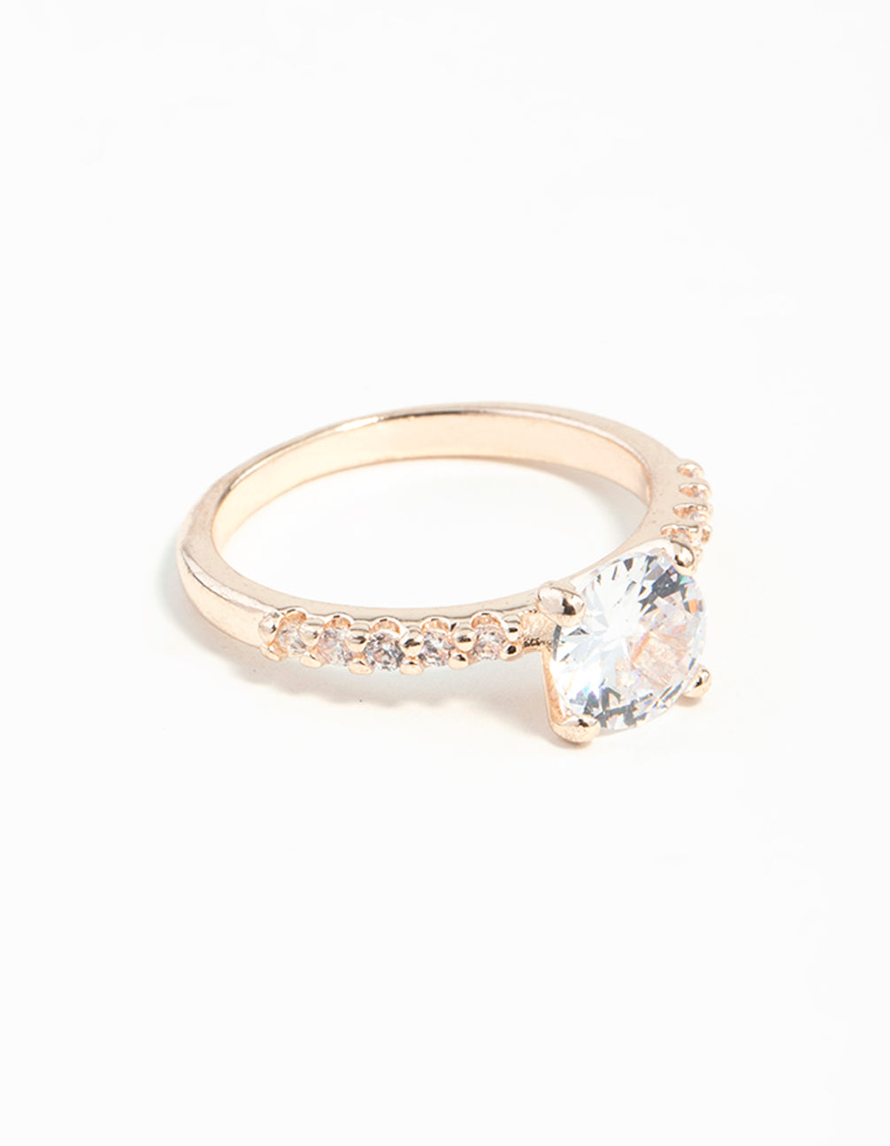 Showcasing a rose gold diamante engagement ring with statement styling front view