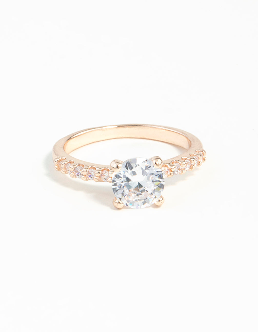 Elegantly designed rose gold diamante engagement ring with statement style close up view