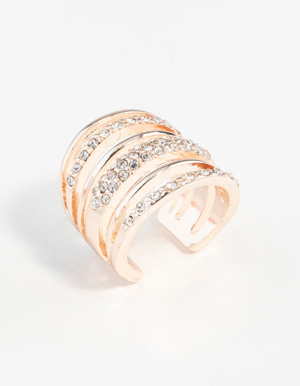 Featuring a rose gold six layered diamante band ring with statement design side detail view