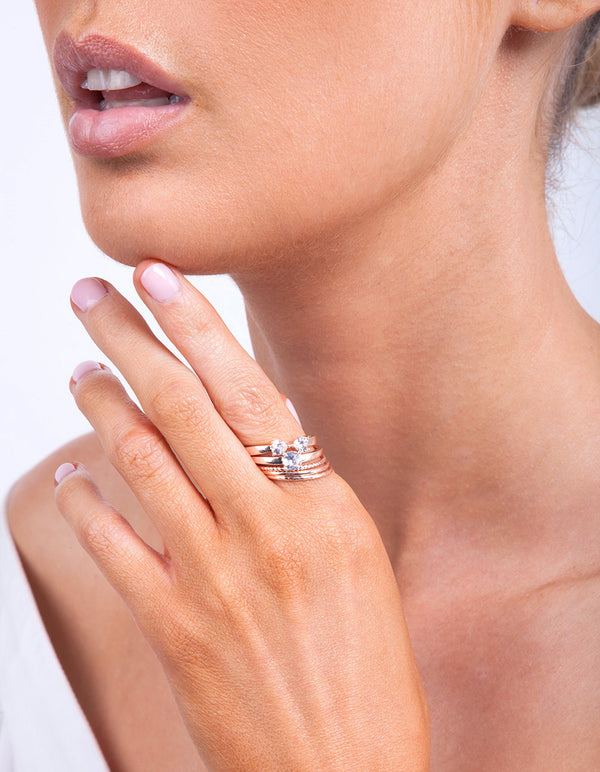 Rose Gold Cubic Zirconia Bow & Band Stacking Rings 5-Pack