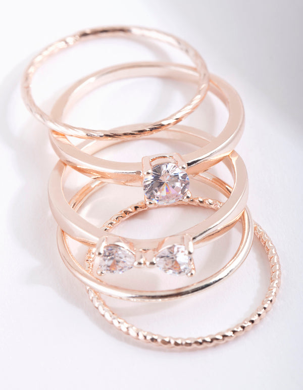 Rose Gold Cubic Zirconia Bow & Band Stacking Rings 5-Pack