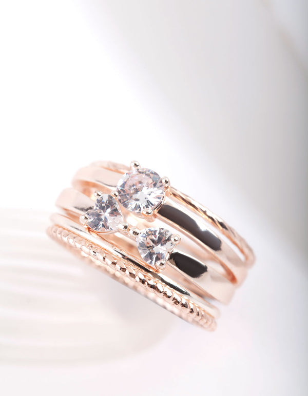 Rose Gold Cubic Zirconia Bow & Band Stacking Rings 5-Pack