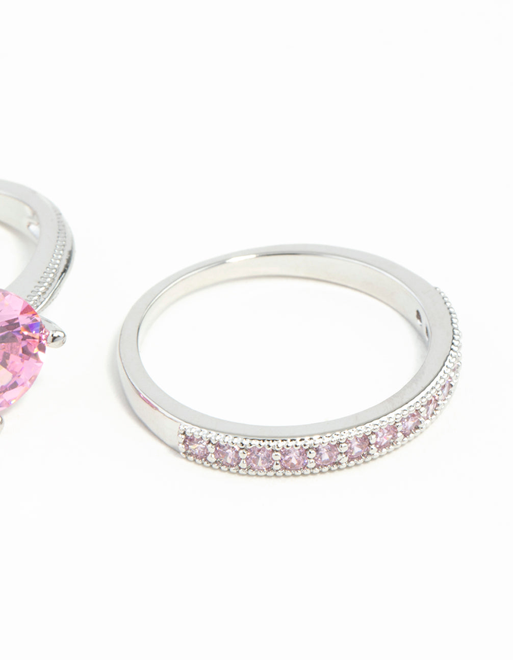 Crafted from cubic zirconia in silver with pink and lavender accents side detail view