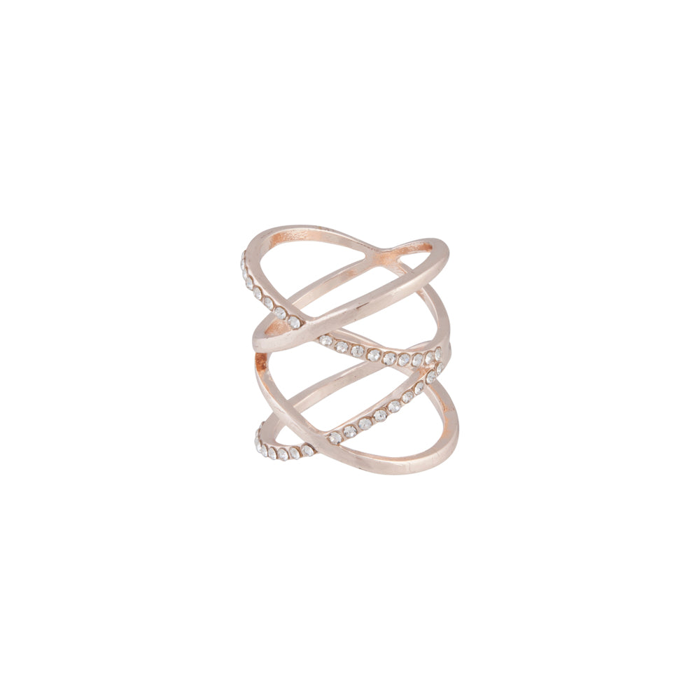 Showcasing a rose gold diamante double cross over ring front view