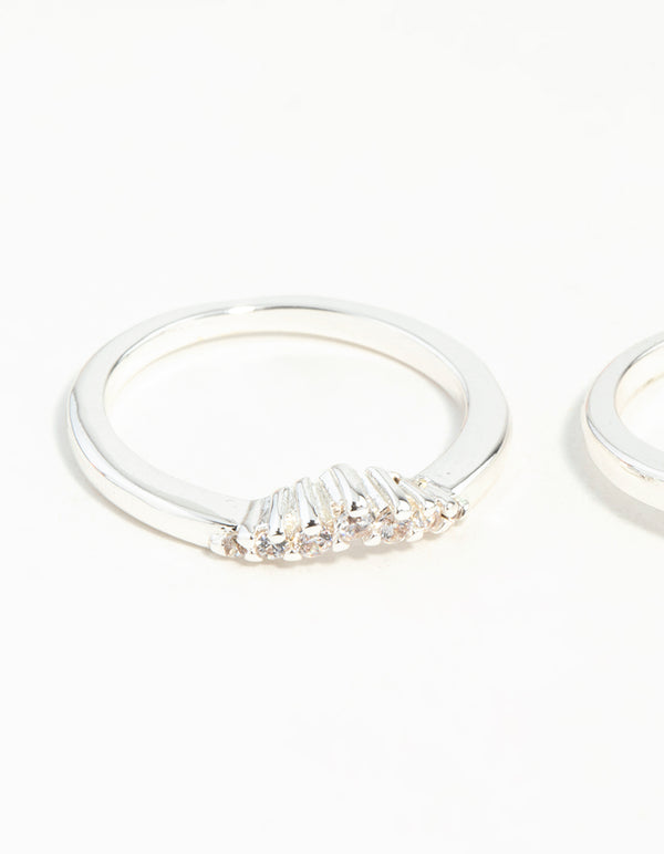 Highlighting silver plated stackable rings featuring round cut cubic zirconia in white close up view