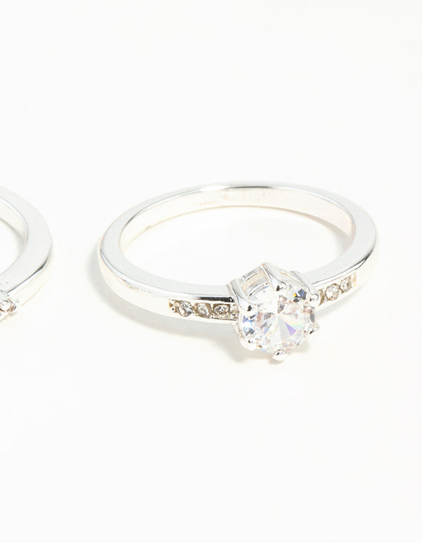Featuring silver plated stackable ring set with round cut cubic zirconia stones side detail view