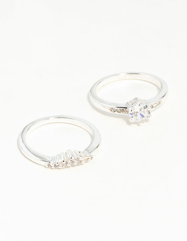 Showcasing a silver plated stackable ring set with round cut cubic zirconia stones front view