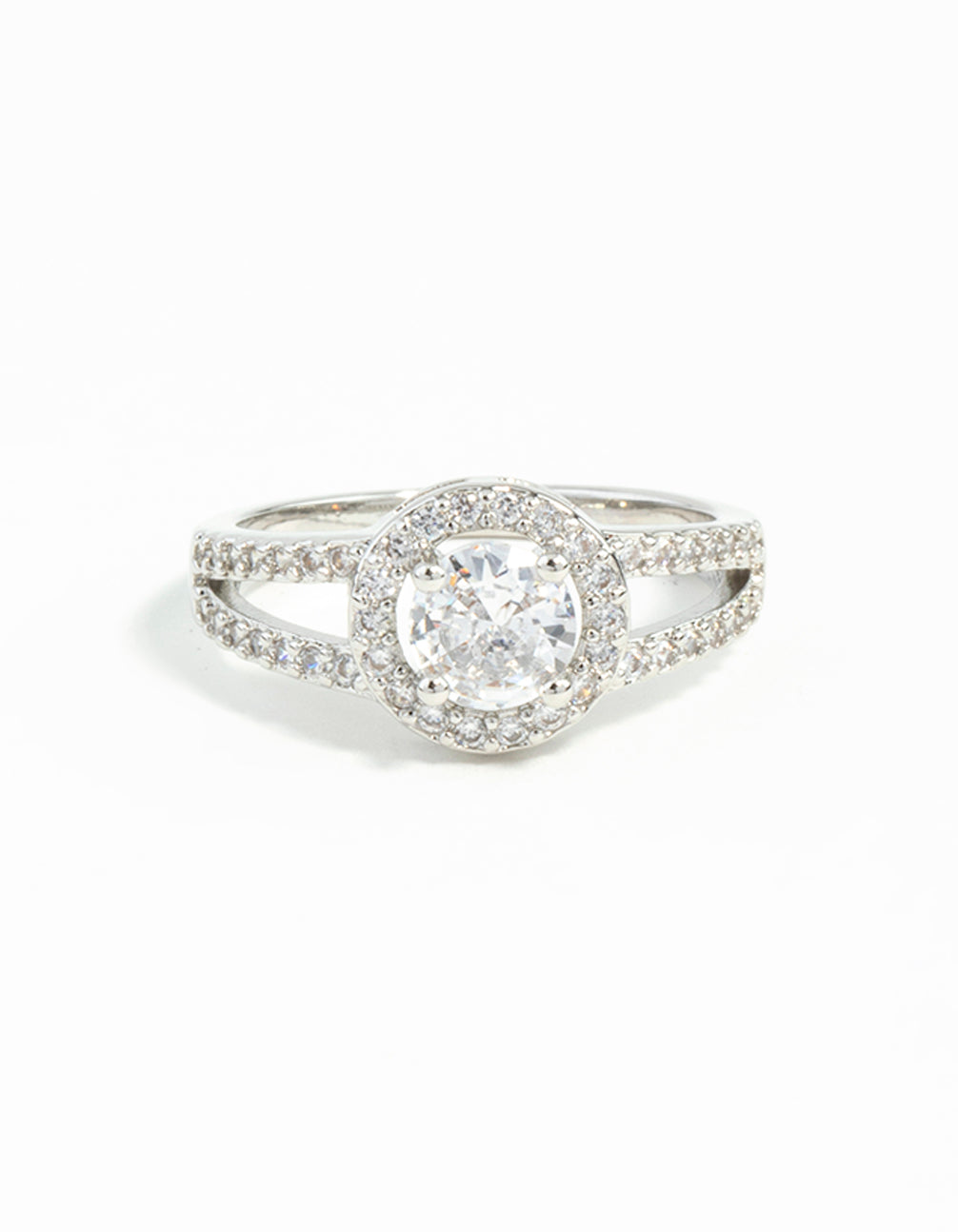 This silver plated cubic zirconia halo ring in clear showcases elegant craftsmanship close up view