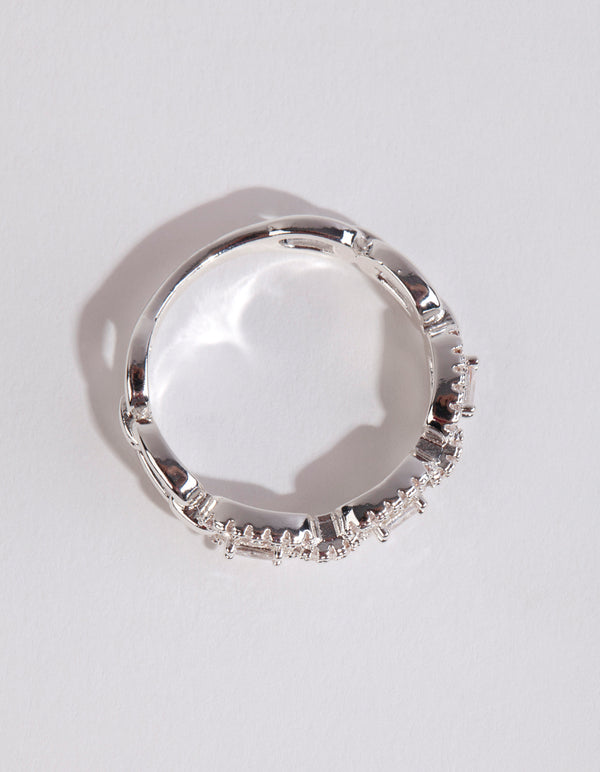 This silver plated cubic zirconia chain ring in white front view