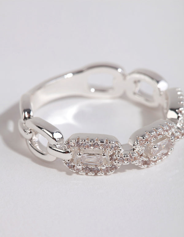 Showcasing the silver plated cubic zirconia chain ring with in white close up view