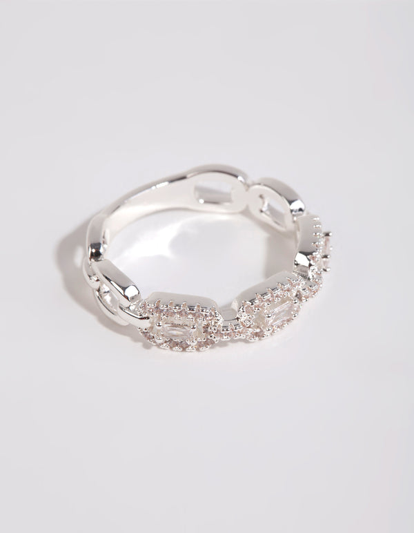 Crafted from silver plated material, this cubic zirconia chain ring in white side detail view