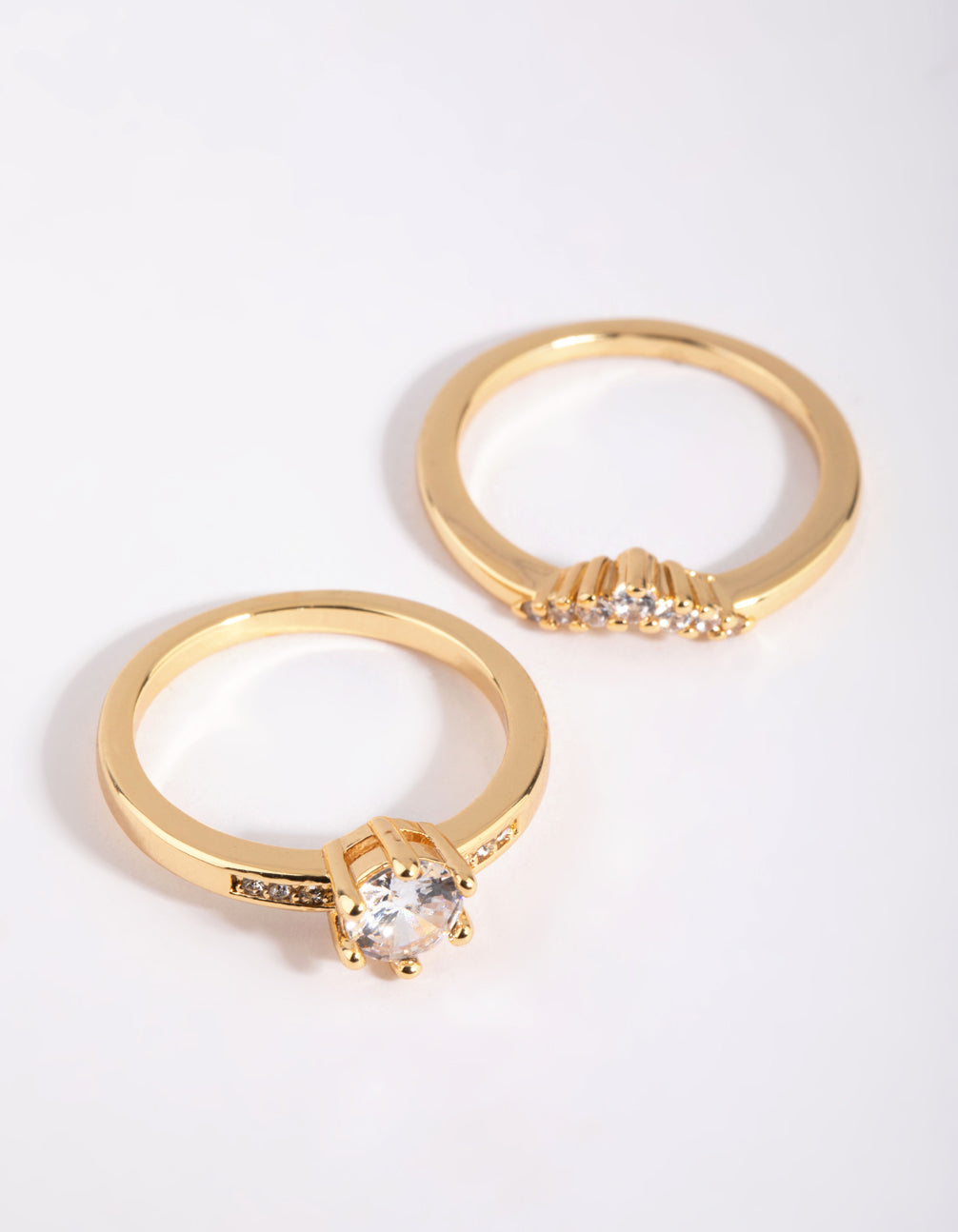 Showcasing a gold plated engagement style ring set with cubic zirconia front view