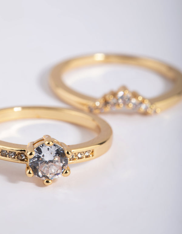 Stunning gold plated engagement style ring set with cubic zirconia close up view