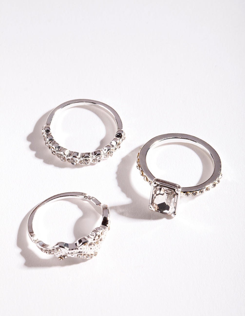 Presenting a silver baguette multi stack ring with statement styling front view