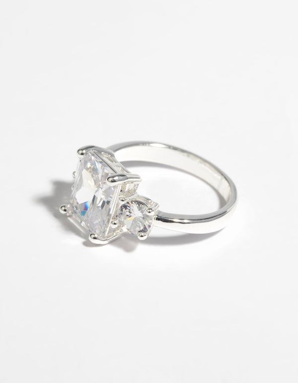 Presenting a statement cubic zirconia engagement ring in silver close up view