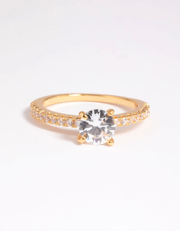 Elegant gold plated cubic zirconia round textured band ring with crystal accents front view