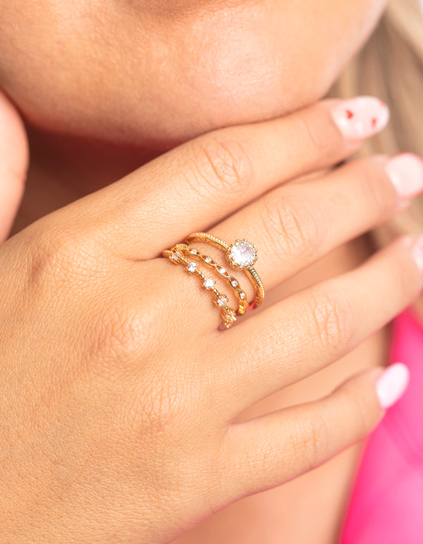 Elegant gold plated cubic zirconia engagement ring stack in statement style on finger view