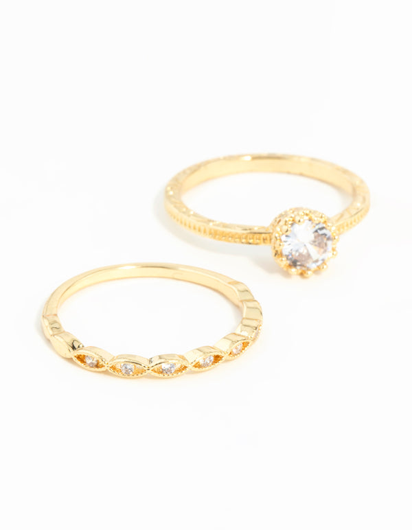 Featuring a gold plated cubic zirconia engagement ring stack with statement design close up view