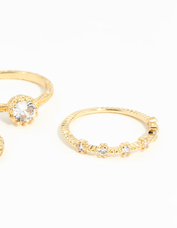 Beautiful gold plated cubic zirconia engagement ring stack in statement style side detail view