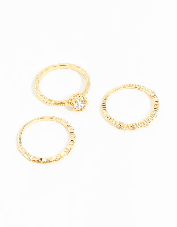 Showcasing a gold plated cubic zirconia engagement ring stack with statement style front view