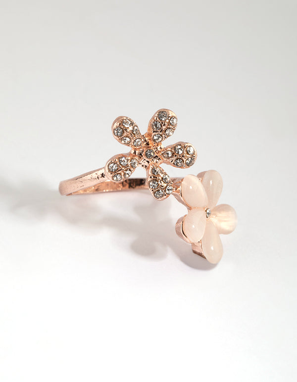 Stunning rose gold diamante ring featuring floral design side detail view