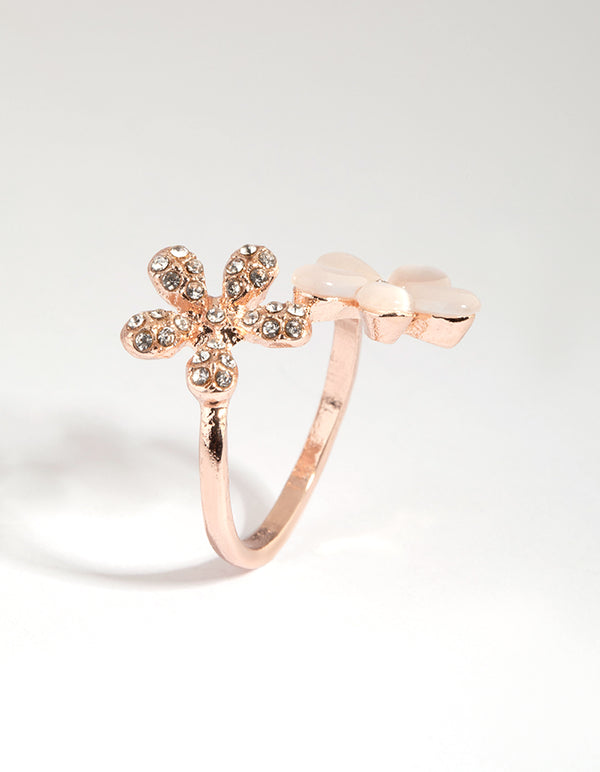 Stunning rose gold diamante ring featuring floral design side detail view