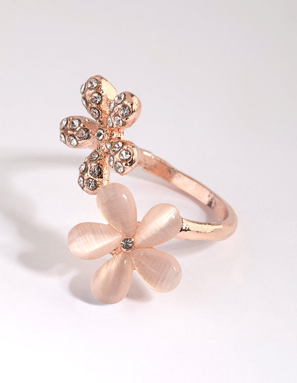 Beautifully crafted rose gold diamante ring featuring floral design front view