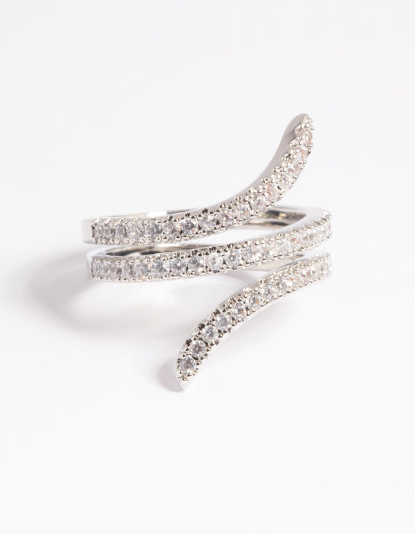 Featuring a statement wrap around ring with cubic zirconia in silver close up view