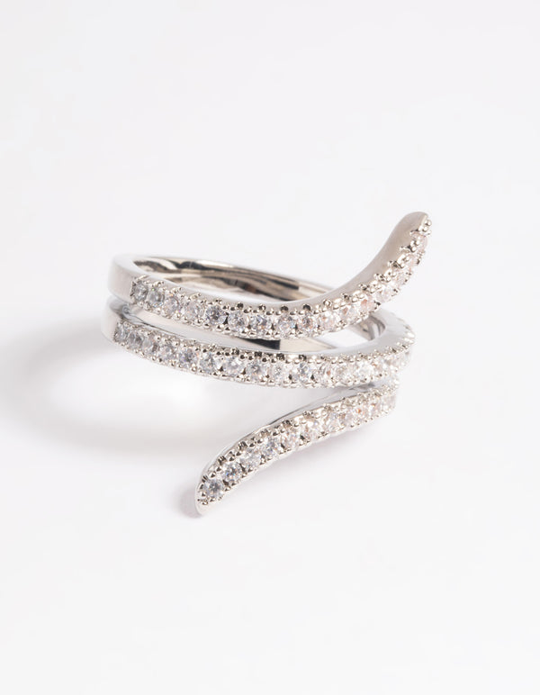 Showcasing a statement wrap around ring crafted from cubic zirconia in silver front view