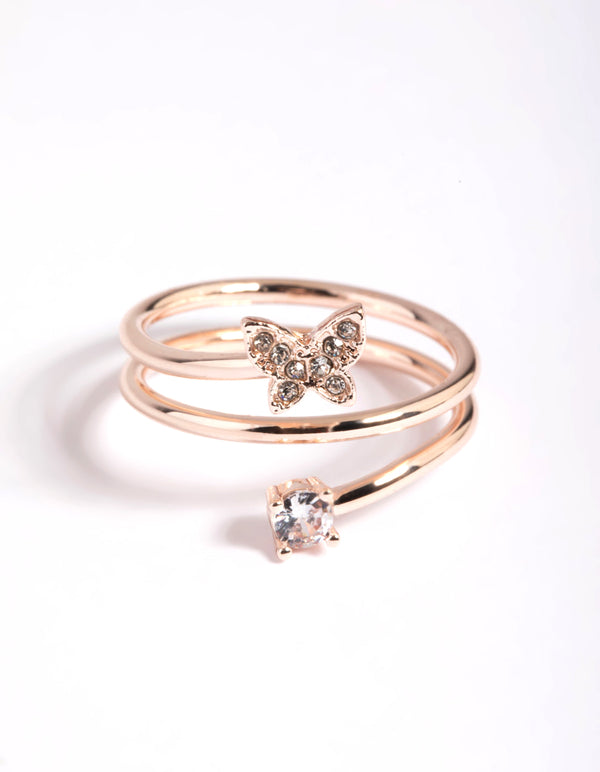 Discover a rose gold mini butterfly wrapped ring with statement detailing close up view
