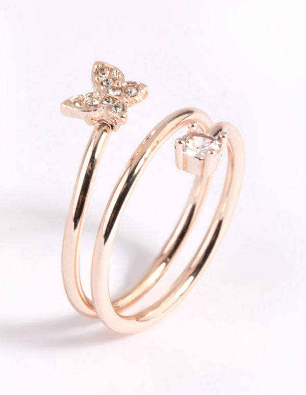 Crafted with rose gold mini butterfly wrapped ring featuring statement detailing side detail view