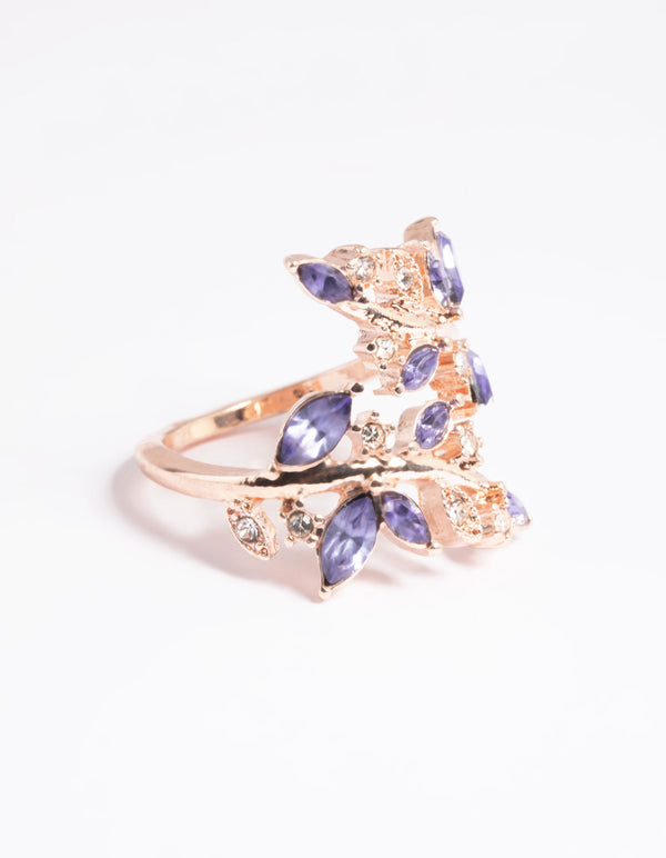 Crafted with rose gold vine wrapping leaf elements close up view