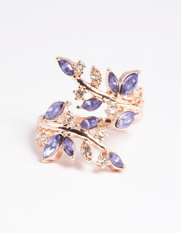 Introducing a rose gold vine wrapped ring featuring leaf details front view