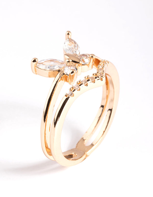 Stunningly detailed gold cubic zirconia butterfly double band ring embellishments in clear close up view