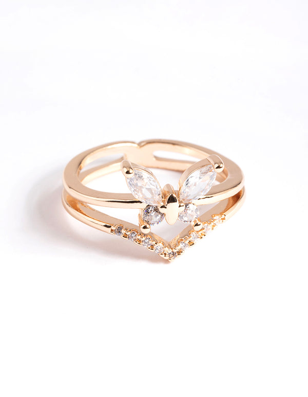 Elegantly crafted gold cubic zirconia butterfly double band ring in clear front view