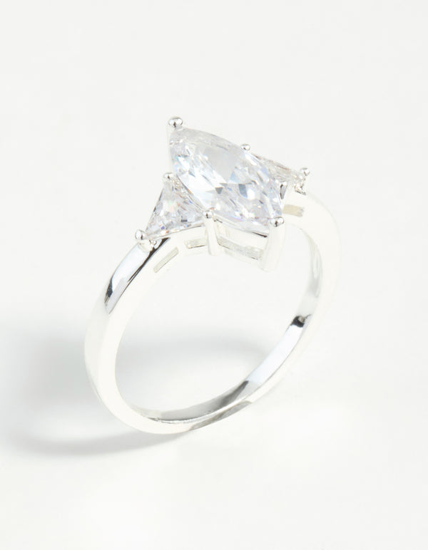 Beautiful silver plated precious marquise ring with cubic zirconia in close up view