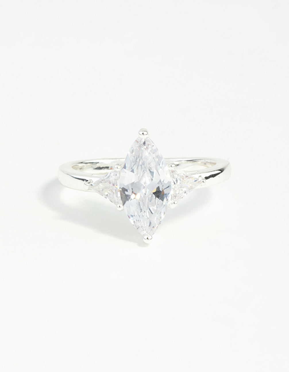 Stunning silver plated precious marquise ring crafted with cubic zirconia in front view
