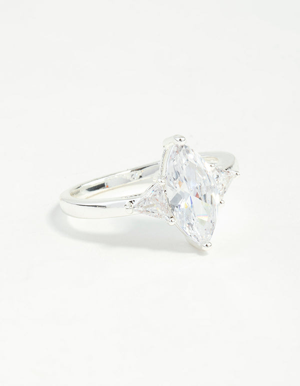 Elegant silver plated precious marquise ring featuring cubic zirconia in side detail view