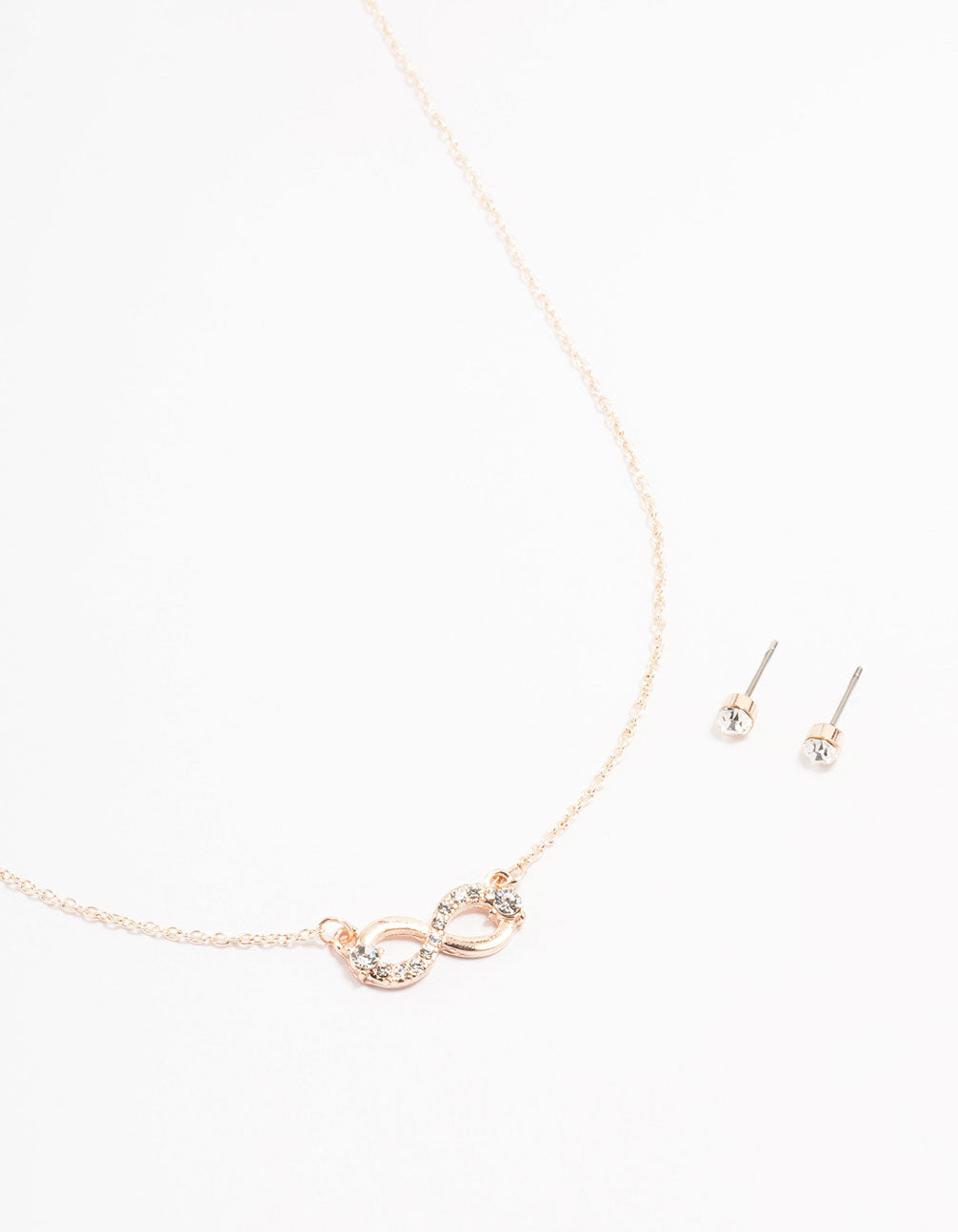 Rose Gold Infinity Necklace & Stud Earrings