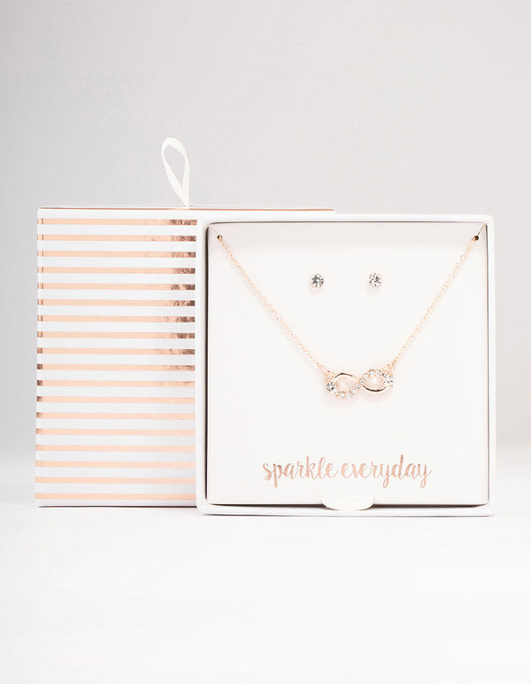 Rose Gold Infinity Necklace & Stud Earrings