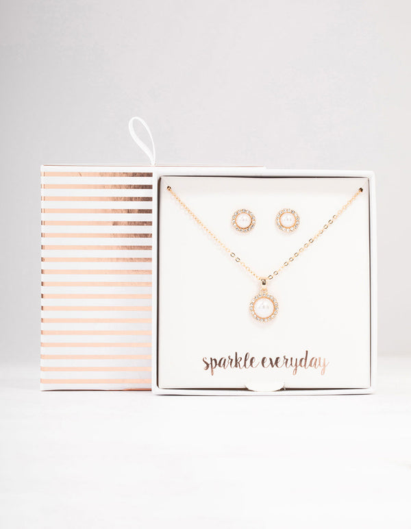 Gold Diamante & Pearl Halo Necklace & Stud Earrings Set