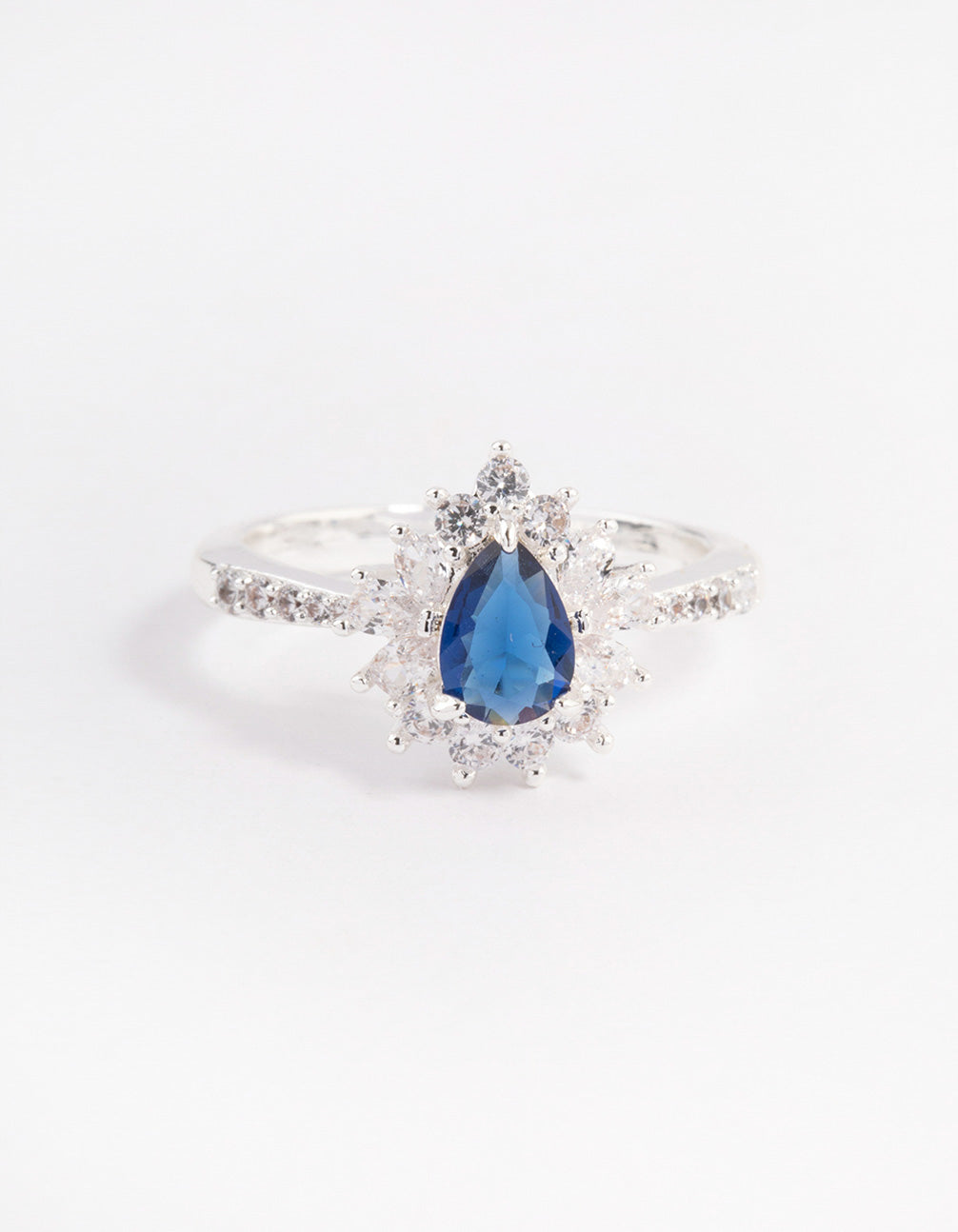 Crafted from silver plated material this regal pear ring features a pear cut stone with statement styling close up view